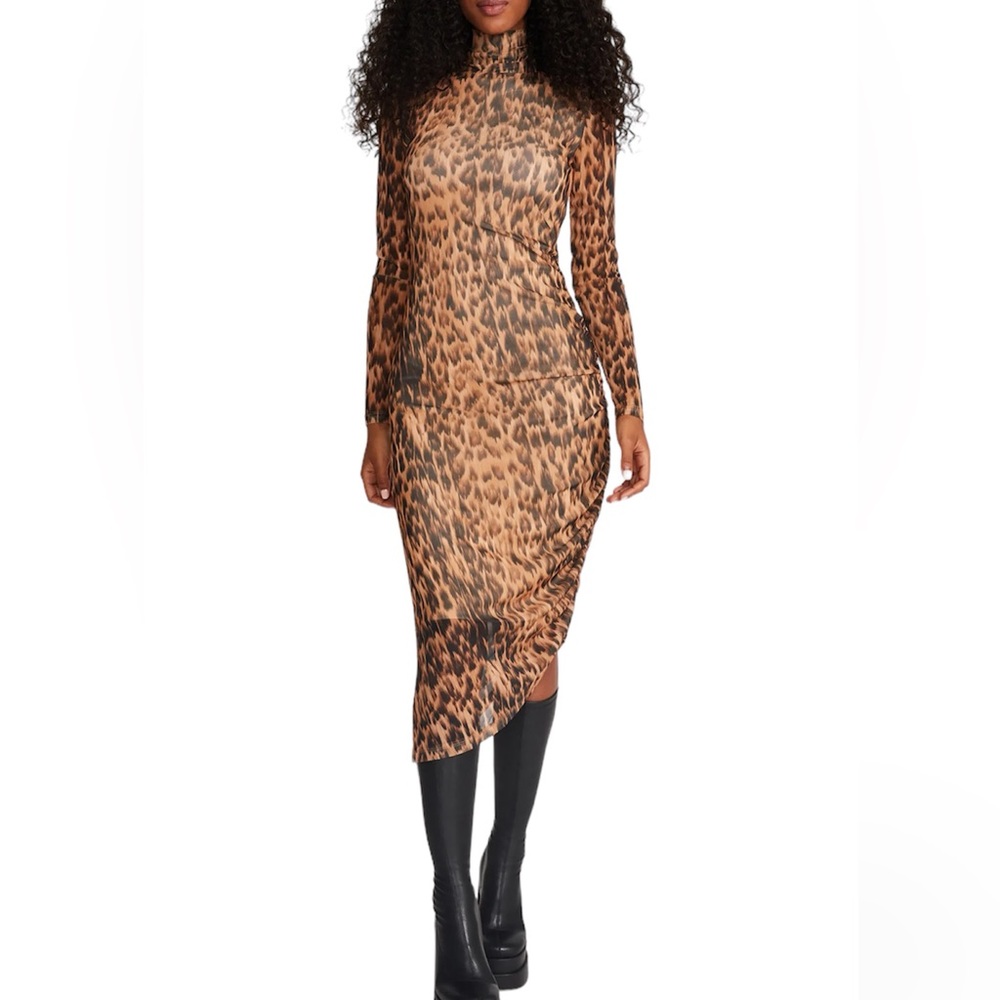 Steve Madden Mock Neck Long Sleeve Leopard Ruched Dress Size Medium